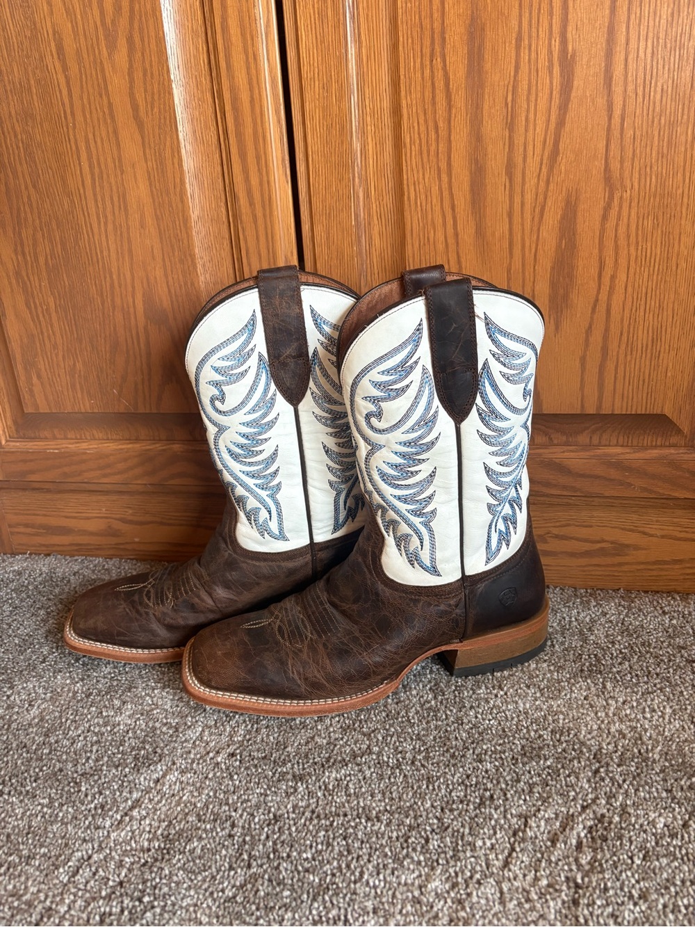 Ariat Brown Foot Leather Cowboy Boots with White Shaft and Blue Stitching